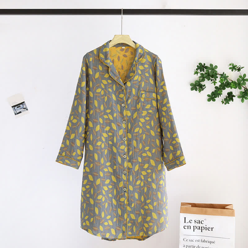 Chemise de nuit en coton à motif feuilles et boutons