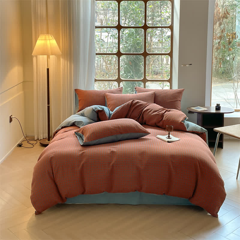 Parure de lit double gaze de coton pied-de-poule (4 pièces)