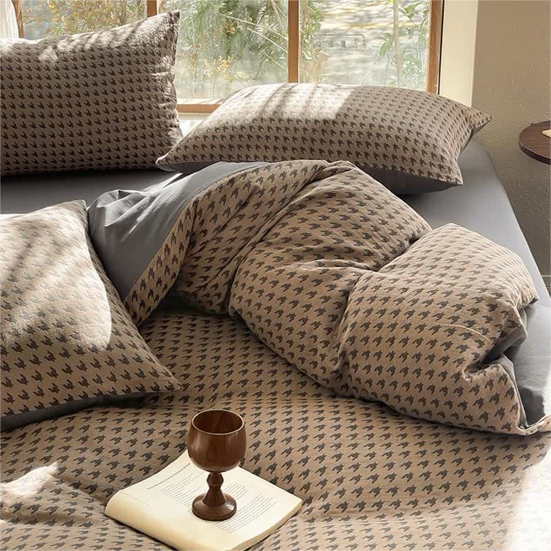 Parure de lit double gaze de coton pied-de-poule (4 pièces)