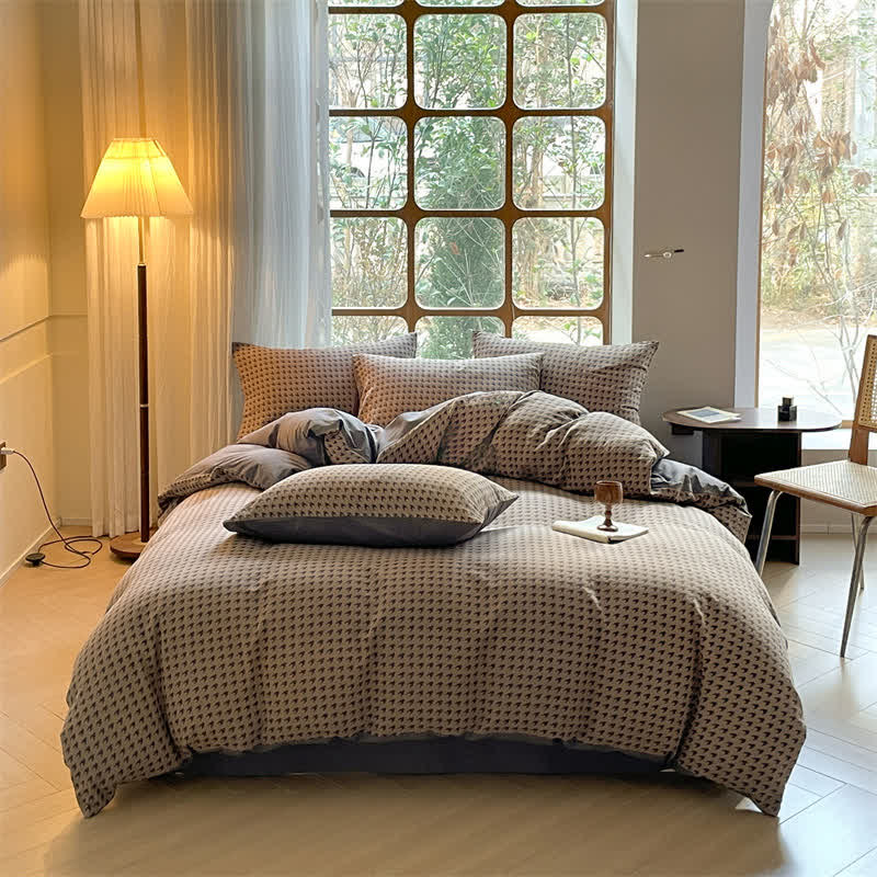 Parure de lit double gaze de coton pied-de-poule (4 pièces)