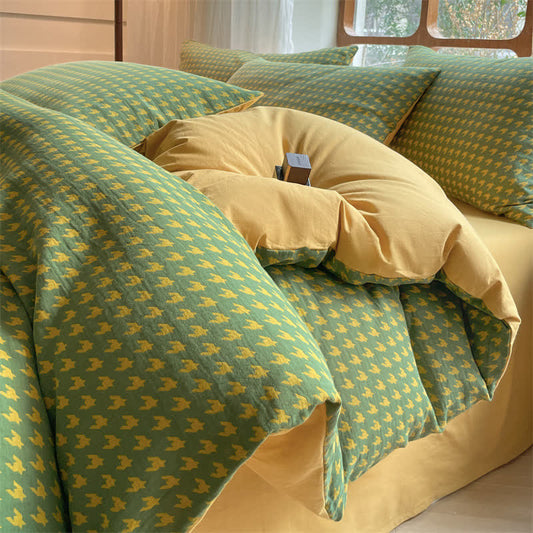 Parure de lit double gaze de coton pied-de-poule (4 pièces)