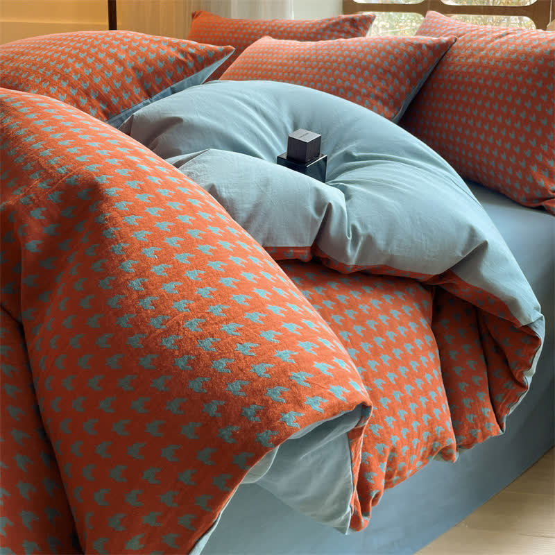 Parure de lit double gaze de coton pied-de-poule (4 pièces)