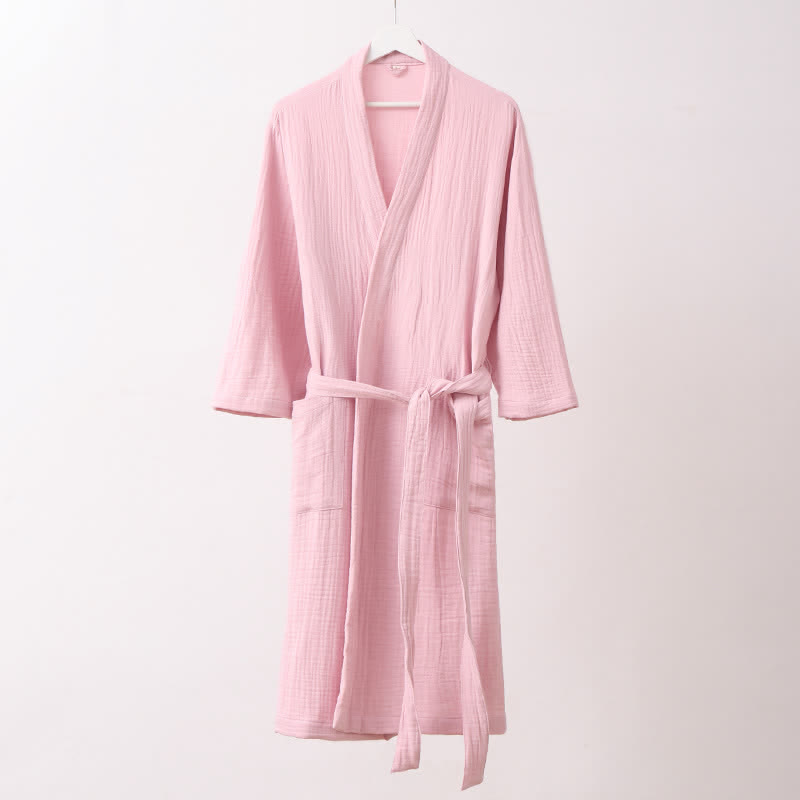 Peignoir doux à manches longues et col en V avec poches Ownkoti