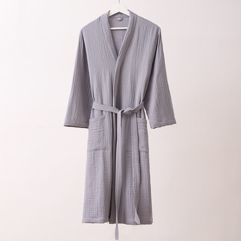 Peignoir doux à manches longues et col en V avec poches Ownkoti