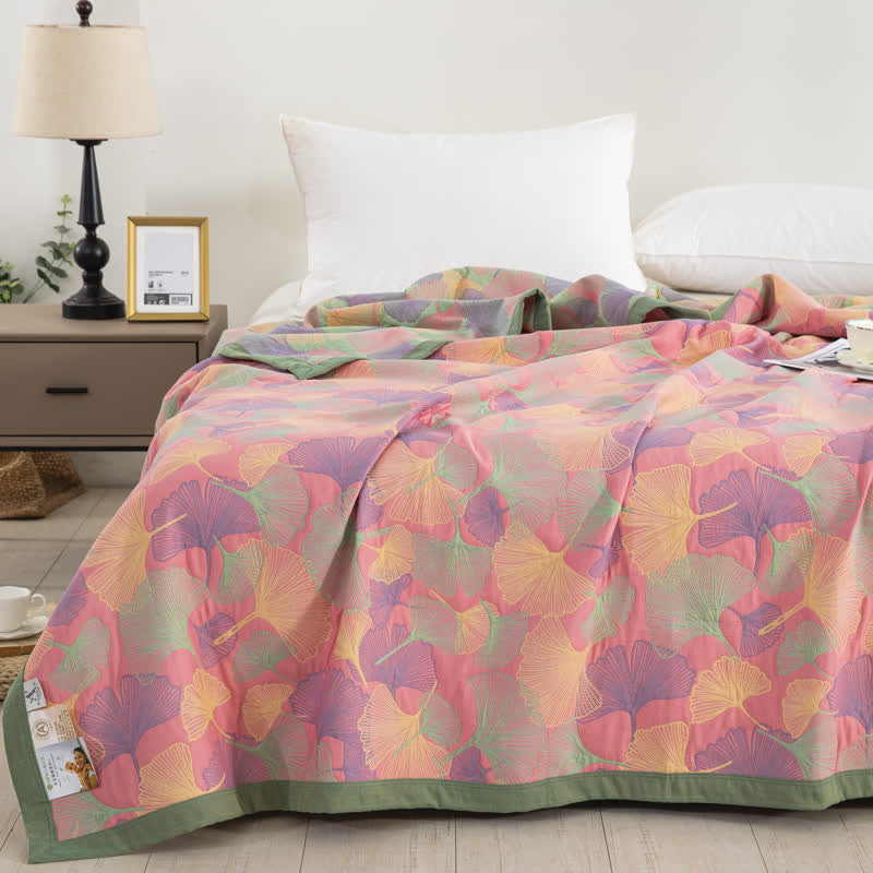 Couette en gaze de coton à trois couches avec feuilles de ginkgo