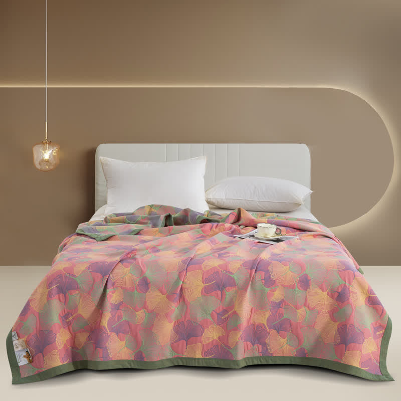 Couette en gaze de coton à trois couches avec feuilles de ginkgo