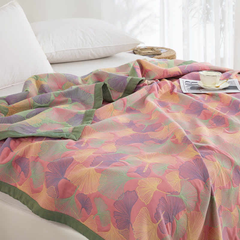 Couette en gaze de coton à trois couches avec feuilles de ginkgo