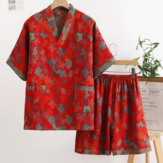 Ensemble de nuit en gaze de coton à col en V de style campagnard