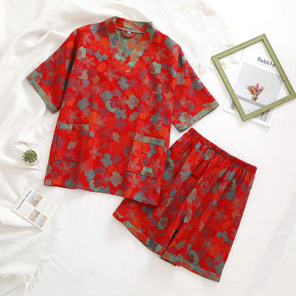 Ensemble de nuit en gaze de coton à col en V de style campagnard