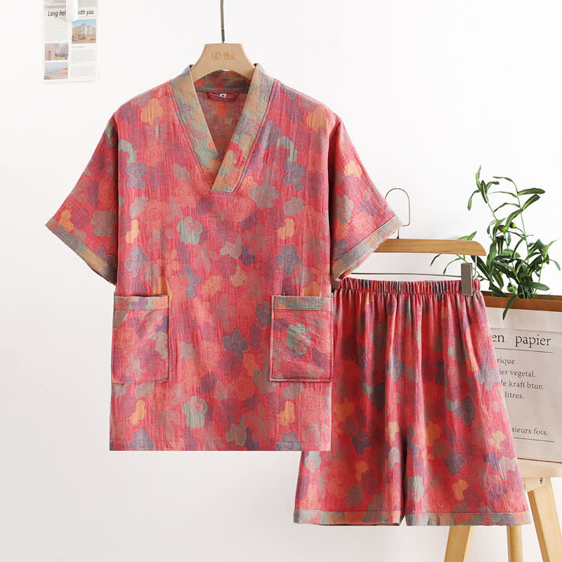 Ensemble de nuit en gaze de coton à col en V de style campagnard