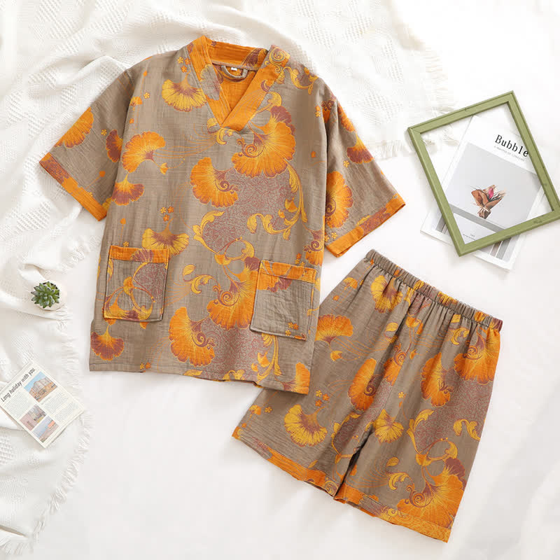 Ensemble pyjama d'été rétro en gaze de coton avec col en V