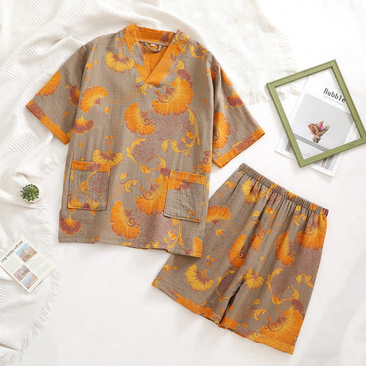 Ensemble pyjama d'été rétro en gaze de coton avec col en V