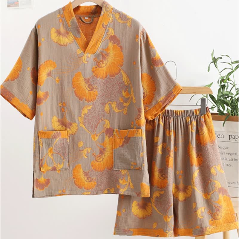 Ensemble pyjama d'été rétro en gaze de coton avec col en V