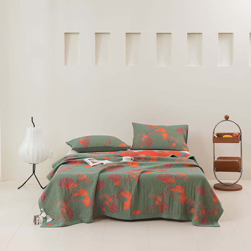 Couette réversible en coton avec feuilles de ginkgo orange - Vert et orange - Couette avec 2 taies d'oreiller - 240cm x 250cm - image 1