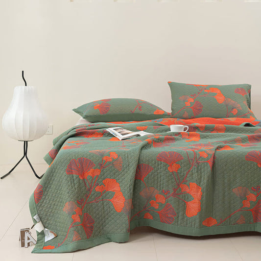 Couette réversible en coton avec feuilles de ginkgo orange - Vert et orange - Plafond - 240cm x 250cm - image 0