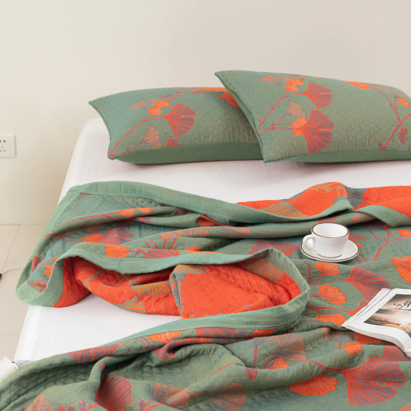 Couette réversible en coton avec feuilles de ginkgo orange - image 7