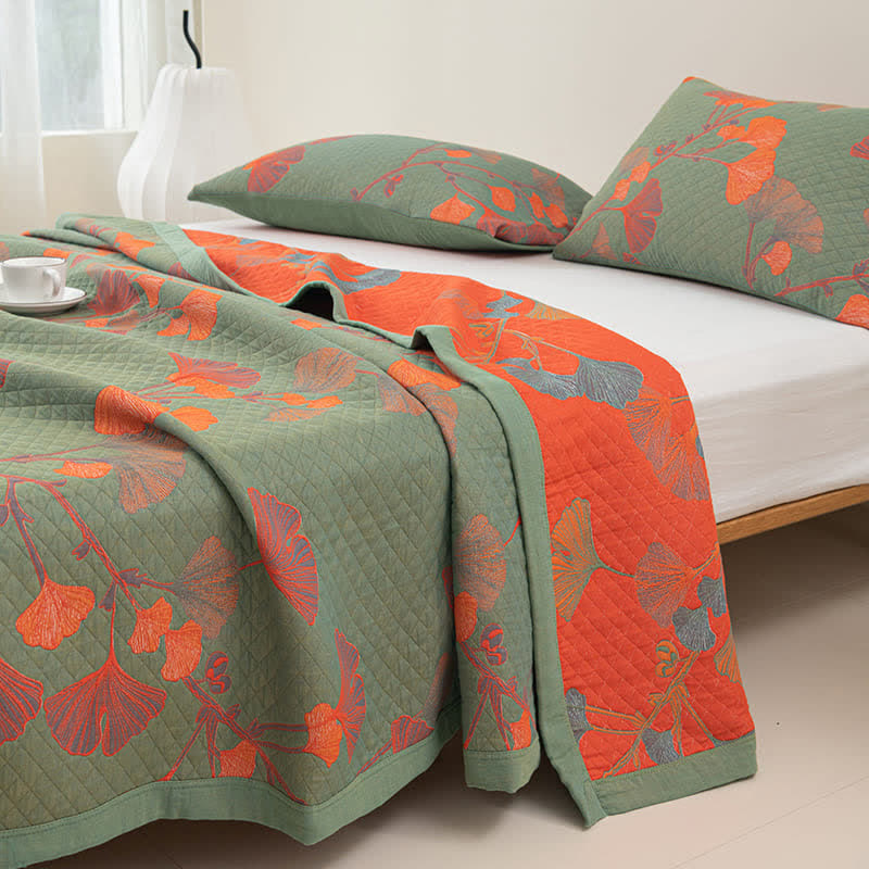 Couette réversible en coton avec feuilles de ginkgo orange - image 4