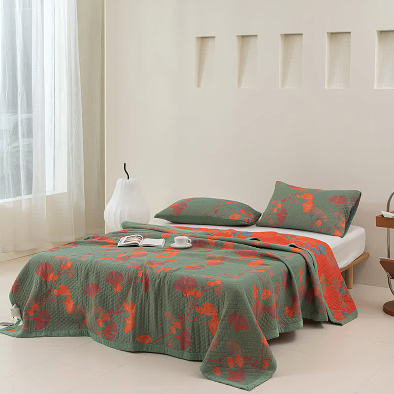 Couette réversible en coton avec feuilles de ginkgo orange - image 3