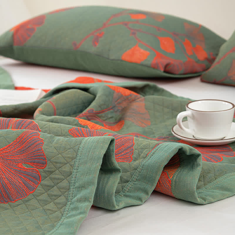 Couette réversible en coton avec feuilles de ginkgo orange - image 8