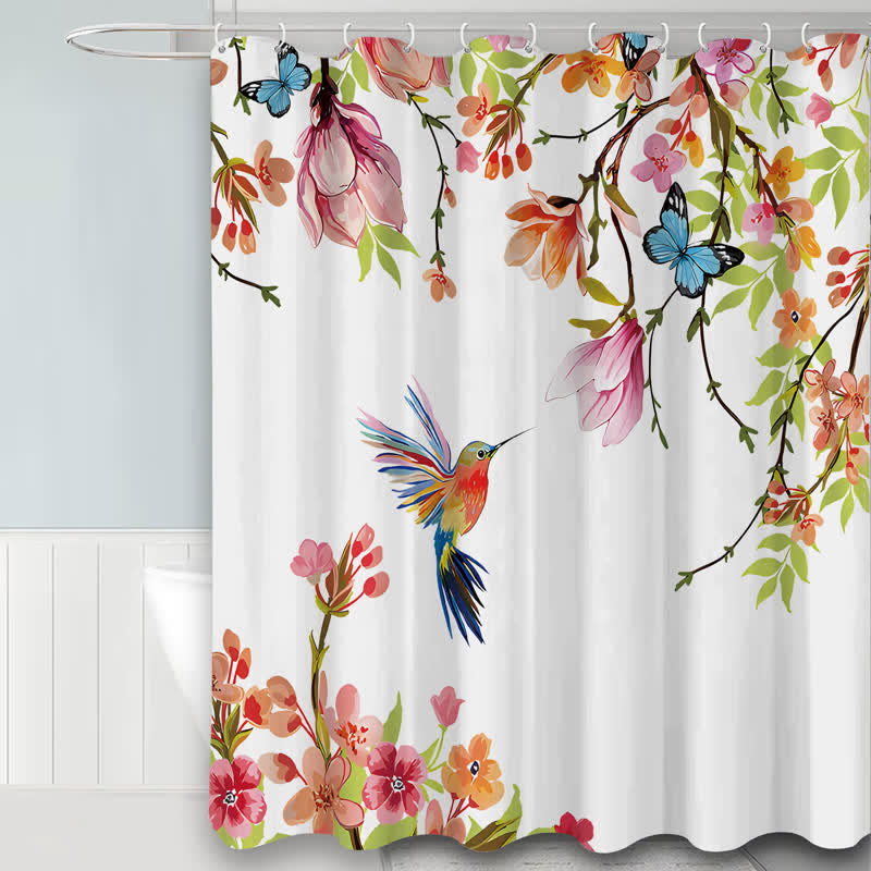 Rideau de douche imperméable avec motif pastoral d'oiseaux et de fleurs