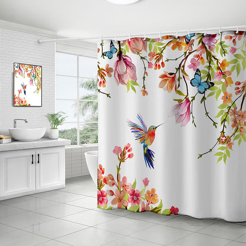 Rideau de douche imperméable avec motif pastoral d'oiseaux et de fleurs