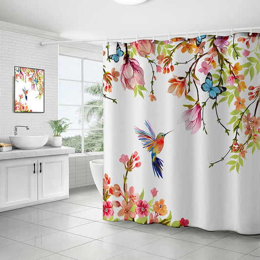 Rideau de douche imperméable avec motif pastoral d'oiseaux et de fleurs