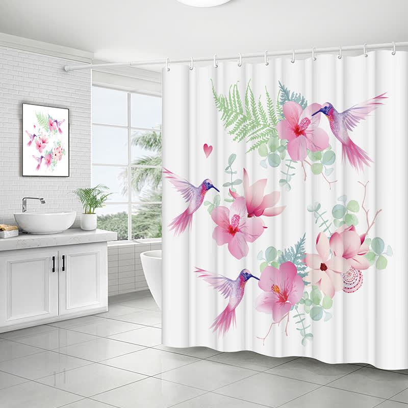 Rideau de douche imperméable avec motif pastoral d'oiseaux et de fleurs