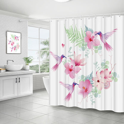 Rideau de douche imperméable avec motif pastoral d'oiseaux et de fleurs