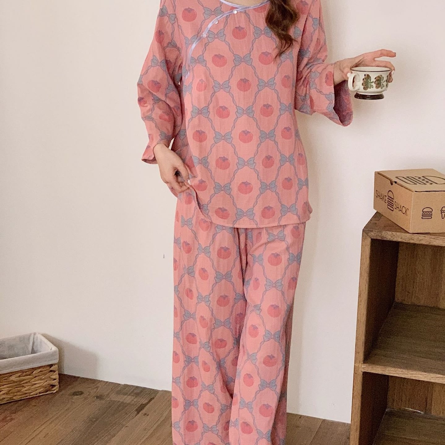 Ensemble pyjama jacquard teint en fil en coton kaki