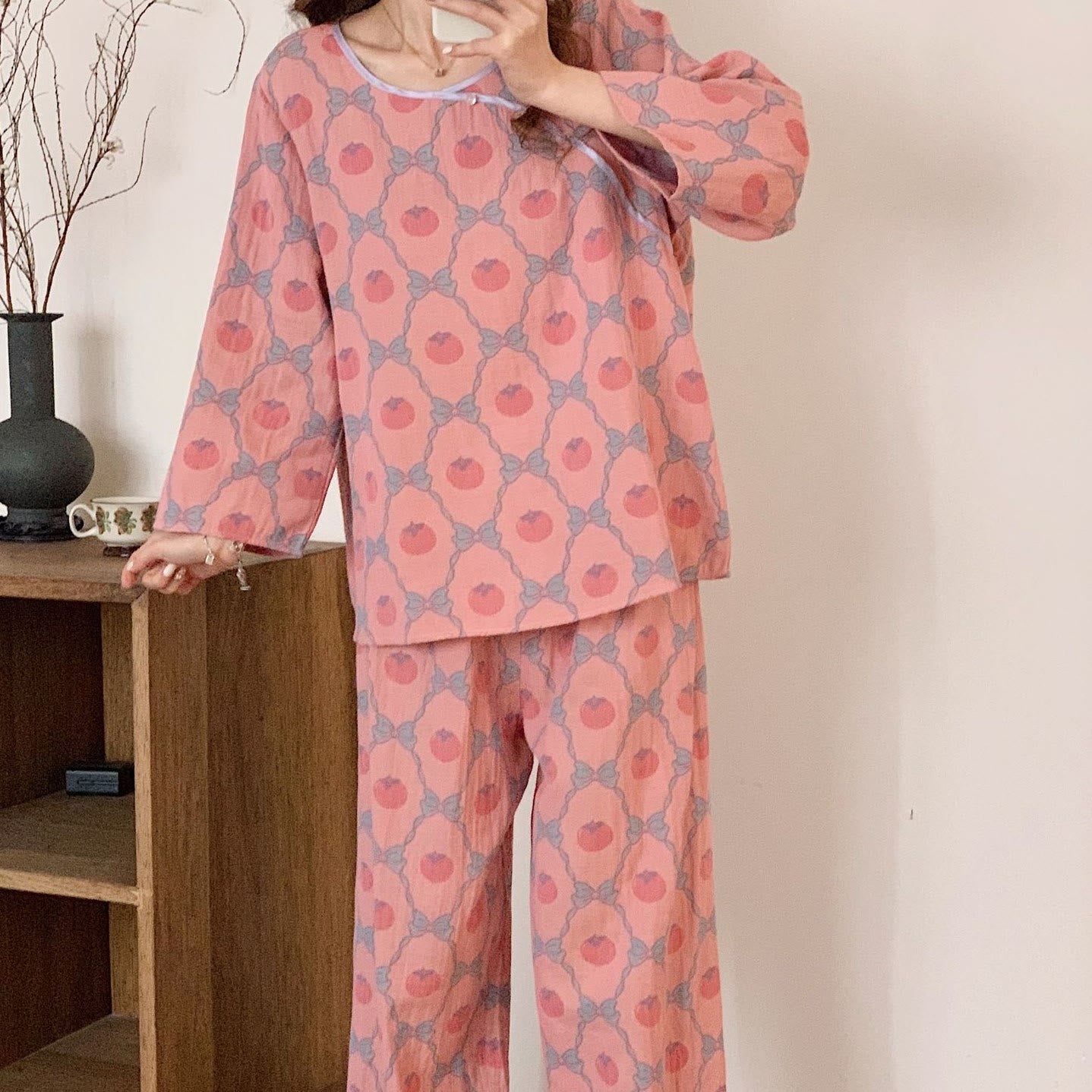 Ensemble pyjama jacquard teint en fil en coton kaki