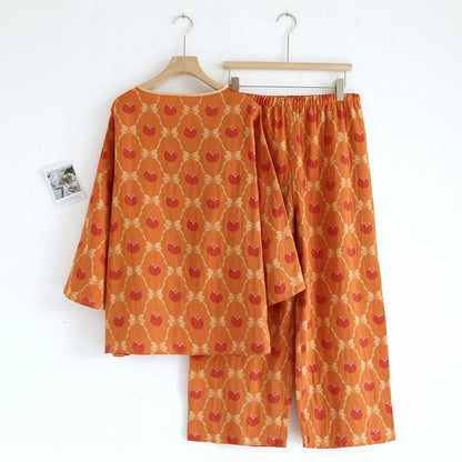 Ensemble pyjama jacquard teint en fil en coton kaki