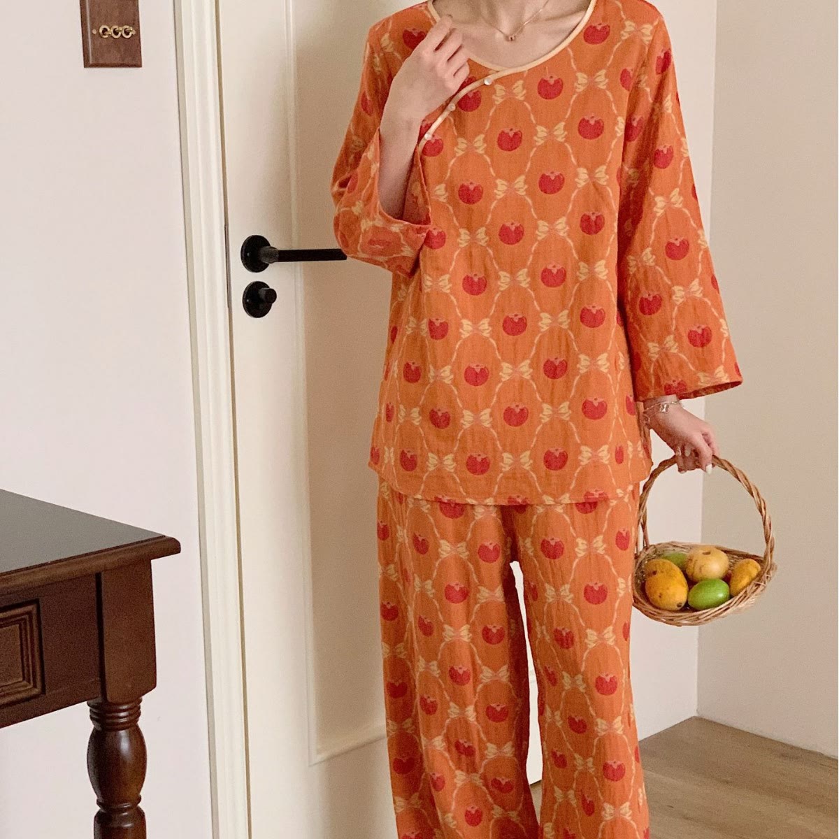 Ensemble pyjama jacquard teint en fil en coton kaki