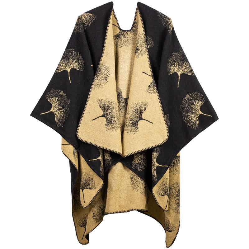 Cape-écharpe de voyage luxueuse en feuille de ginkgo - Noir et camel - 130 cm x 150 cm - image 0