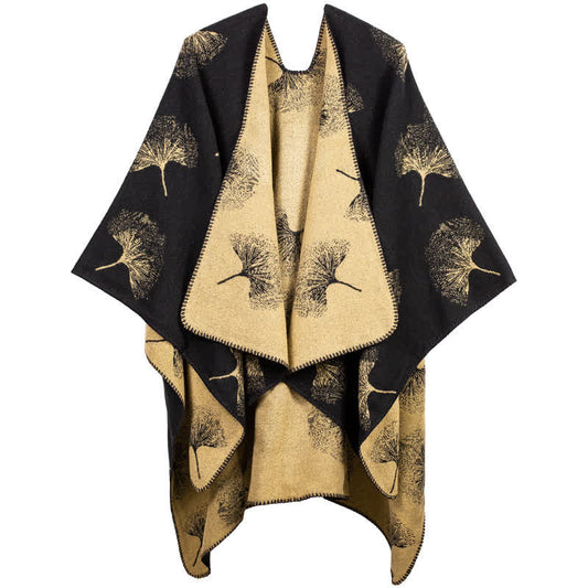 Cape-écharpe de voyage luxueuse en feuille de ginkgo - Noir et camel - 130 cm x 150 cm - image 0