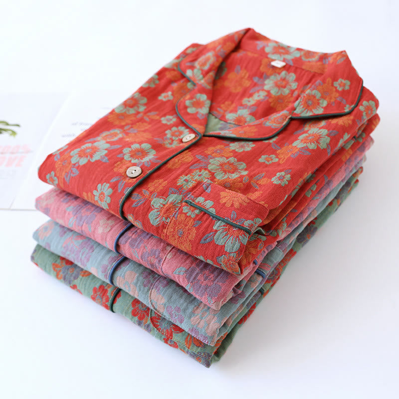 Ensemble de vêtements de nuit double couche en coton teint en fil avec gaze