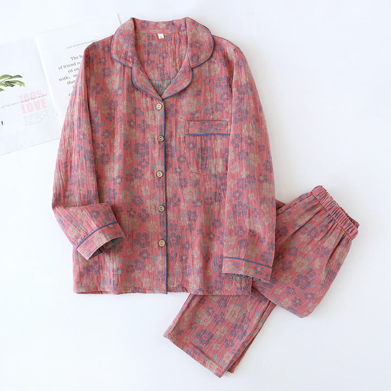 Ensemble de vêtements de nuit double couche en coton teint en fil avec gaze
