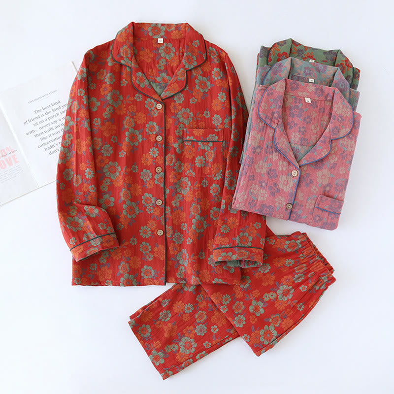 Ensemble de vêtements de nuit double couche en coton teint en fil avec gaze