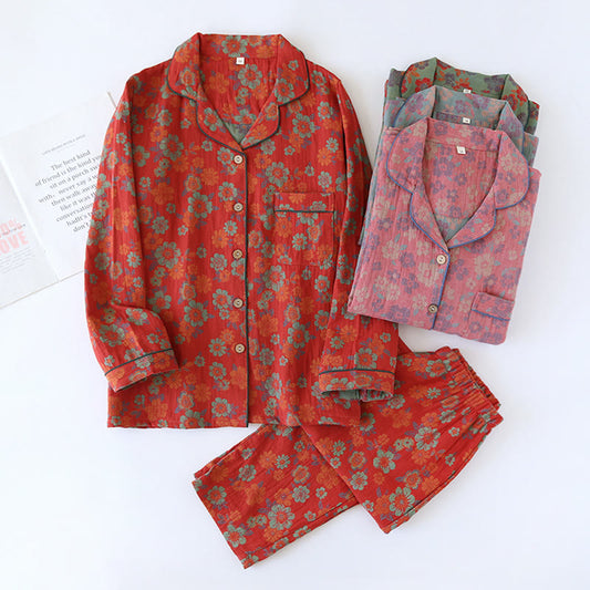 Ensemble de vêtements de nuit double couche en coton teint en fil avec gaze
