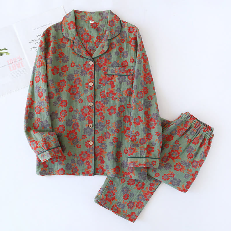 Ensemble de vêtements de nuit double couche en coton teint en fil avec gaze