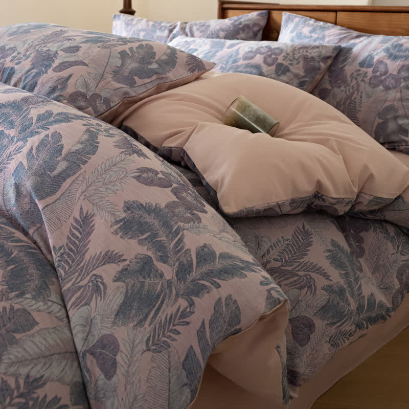 Parure de lit en pur coton jacquard à motif floral rétro (4 pièces)
