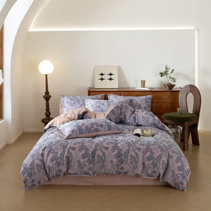 Parure de lit en pur coton jacquard à motif floral rétro (4 pièces)