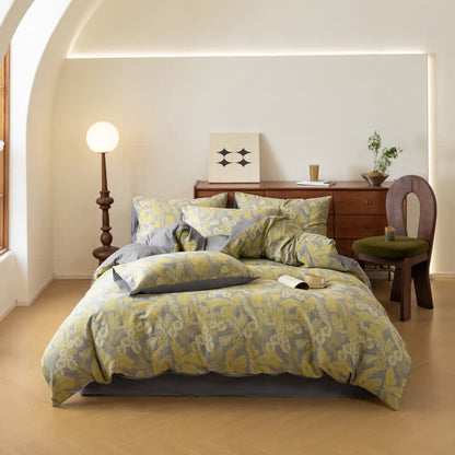 Parure de lit en pur coton jacquard à motif floral rétro (4 pièces)