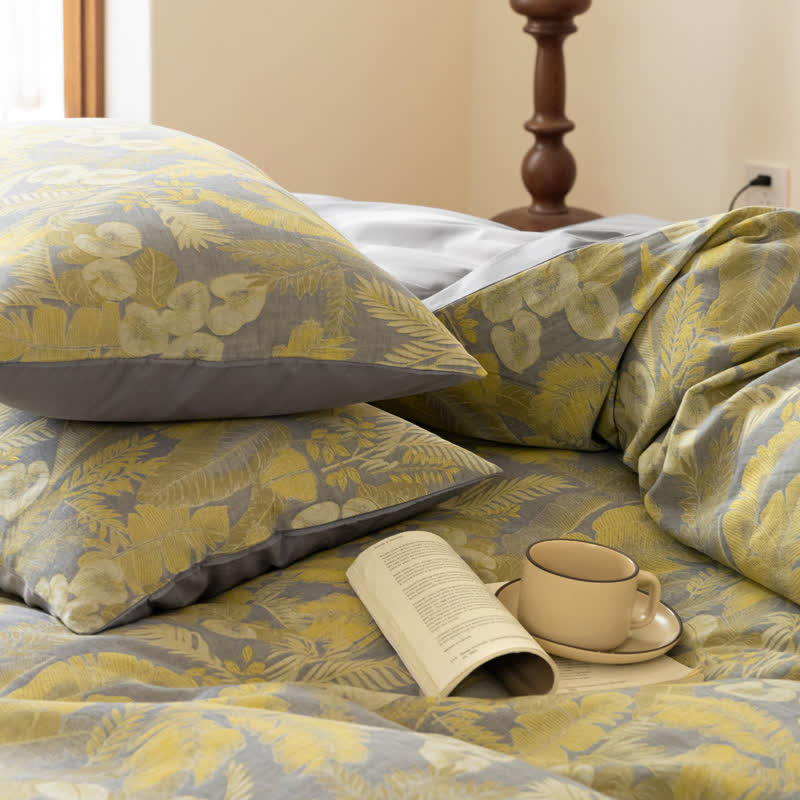 Parure de lit en pur coton jacquard à motif floral rétro (4 pièces)