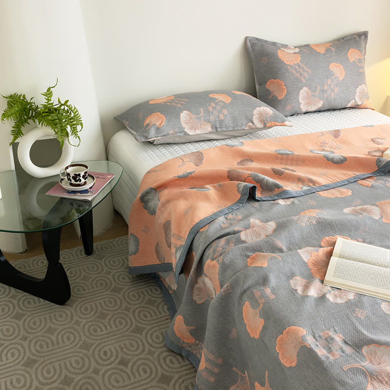 Couette en coton à trois couches avec motif jacquard de feuilles de ginkgo