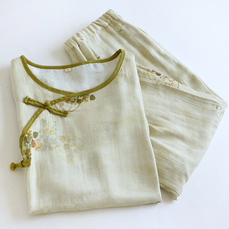 Ensemble de vêtements de détente à manches courtes et motif floral tissé