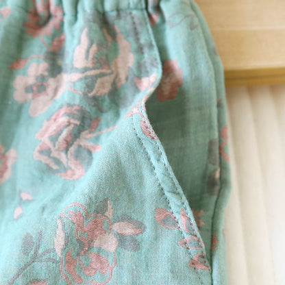 Short de pyjama d'été en gaze de coton à motif floral jacquard