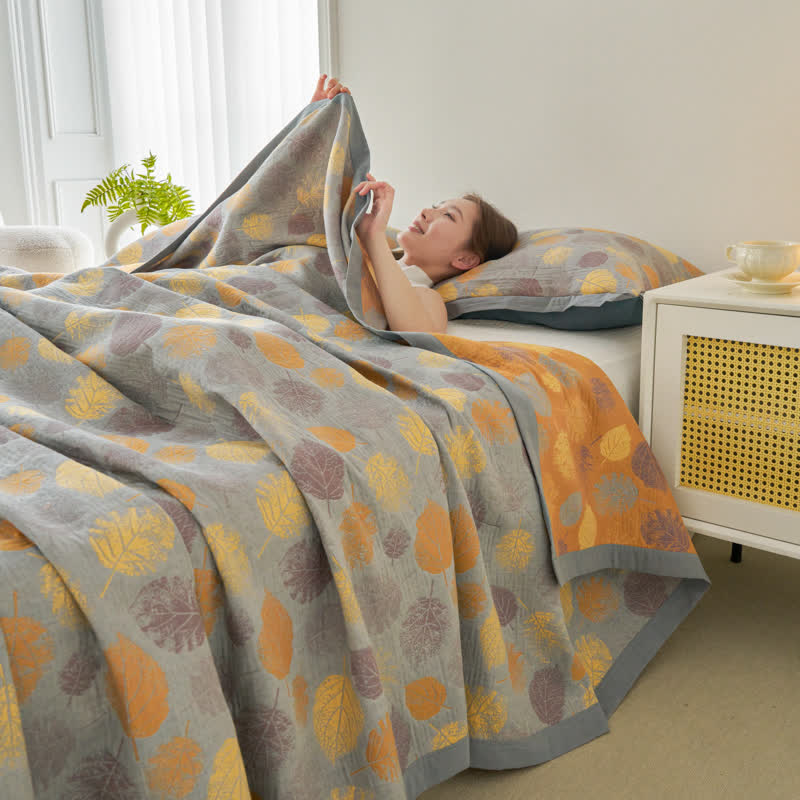 Couette réversible en gaze de coton jacquard à motifs de feuilles