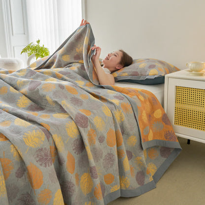 Couette réversible en gaze de coton jacquard à motifs de feuilles
