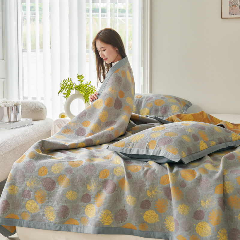 Couette réversible en gaze de coton jacquard à motifs de feuilles
