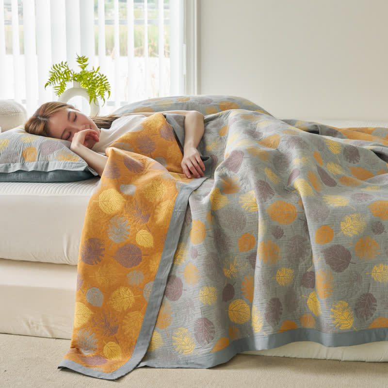 Couette réversible en gaze de coton jacquard à motifs de feuilles
